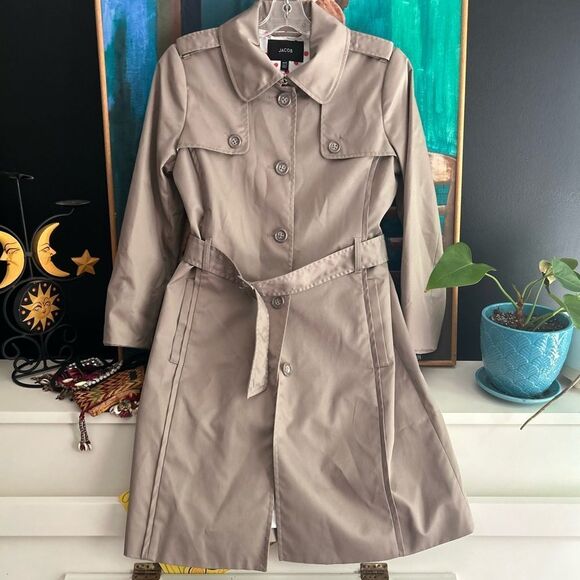 Jacob Y2K Tan Trench Jacket with Red Polka Dot Lining 3/4 Sleeves M - Picture 1 of 16